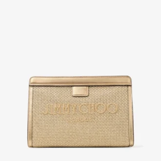 Avenue  Pouch Złota i ciemno-kappuccino metaliczna haftowana torebka z rafii