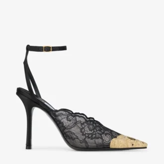 Czarne czółenka Jimmy Choo Faiz 100 z metalowymi koronkowymi detalami