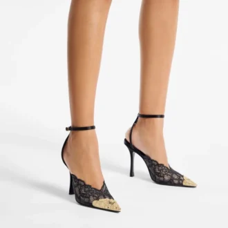Czarne czółenka Jimmy Choo Faiz 100 z metalowymi koronkowymi detalami