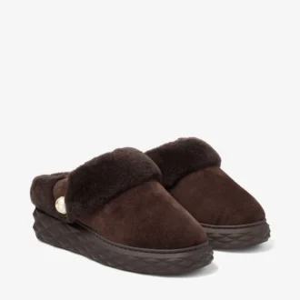 Diamond Maxi Mule F – klapki z zamszu w kolorze czekoladowym z owczą skórą