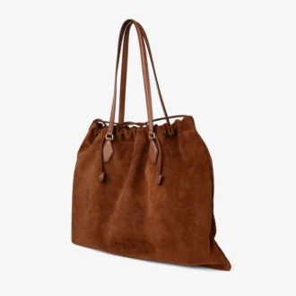 Duża torba z sznurkiem z jasnobrązowego zamszu i gładkiej skóry cielęcej z logo jimmy choo