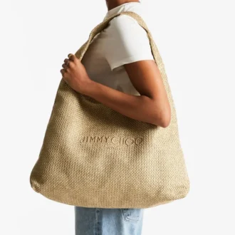 Duża torebka na ramię Beach Diamond Hobo w kolorze złotym i ciemnym cappuccino z metalicznej rafii