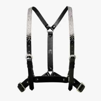 Jimmy Choo Noir Kei Ninomiya Crystals Harness Czarna, błyszcząca skórzana uprząż z kryształowymi zdobieniami nakładanymi na gorąco