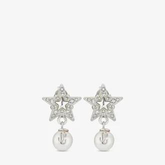 Kolczyki Crystal Star Kolczyki w kształcie gwiazdy z metalu w srebrnym wykończeniu z białymi perłami z żywicy i kryształkami