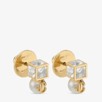 Kolczyki Jc Pearl Cube Studs ze złota z perłą i kryształową kostką