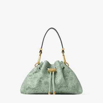 Mała torebka Cinch Verde Jimmy Choo z perforowanej skóry z koronką