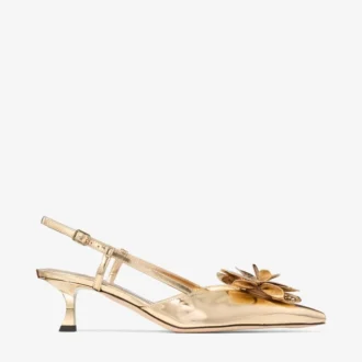 Mimmi  Sling Back 50 Złote sandałki z paskiem z tyłu z płynnej skóry metalicznej z perforowanym korsetem jimmy choo