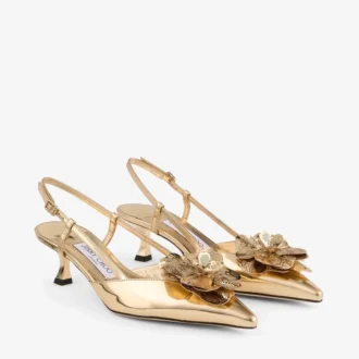 Mimmi  Sling Back 50 Złote sandałki z paskiem z tyłu z płynnej skóry metalicznej z perforowanym korsetem jimmy choo