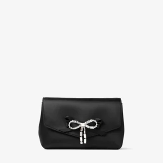 Mini torba z miękką kokardką Czarna satynowa mini torba z kryształową kokardką Mini torba z miękką kokardką Czarna satynowa mini torba z kryształową kokardką