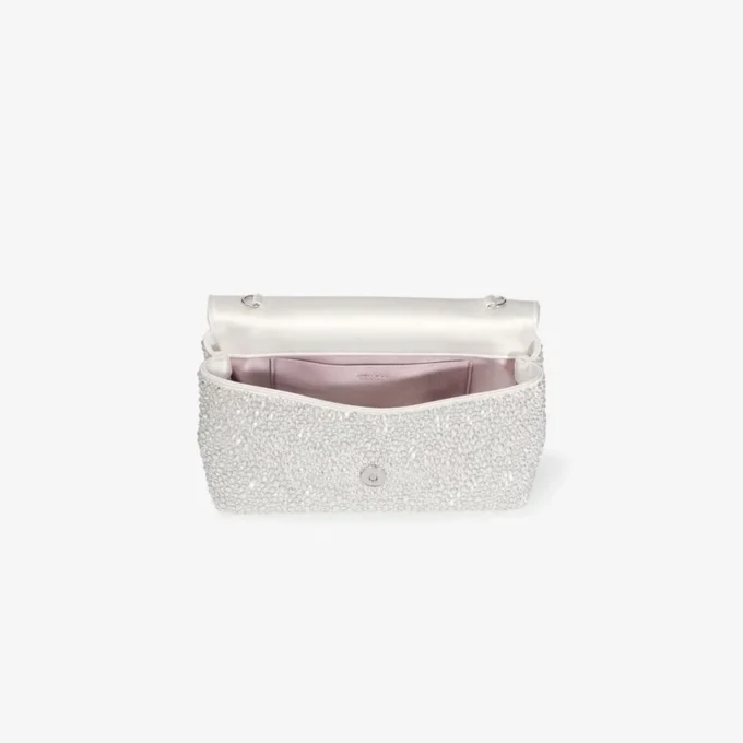 Mini torba z miękką kokardką Mini torba z satyny w kolorze kości słoniowej z kryształową kokardką Mini torba z miękką kokardką Mini torba z satyny w kolorze kości słoniowej z kryształową kokardką