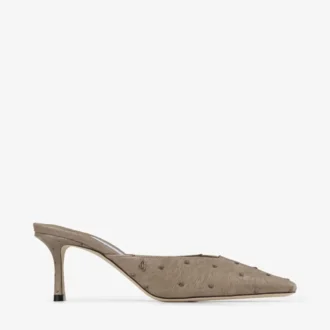 Mules Vivi 65 z skóry strusia w kolorze taupe Mules Vivi 65 z skóry strusia w kolorze taupe