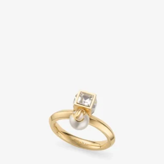 Pierścionek Jc Pearl Cube Złoty metalowy pierścionek z perłą i kryształową kostką Pierścionek Jc Pearl Cube Złoty metalowy pierścionek z perłą i kryształową kostką